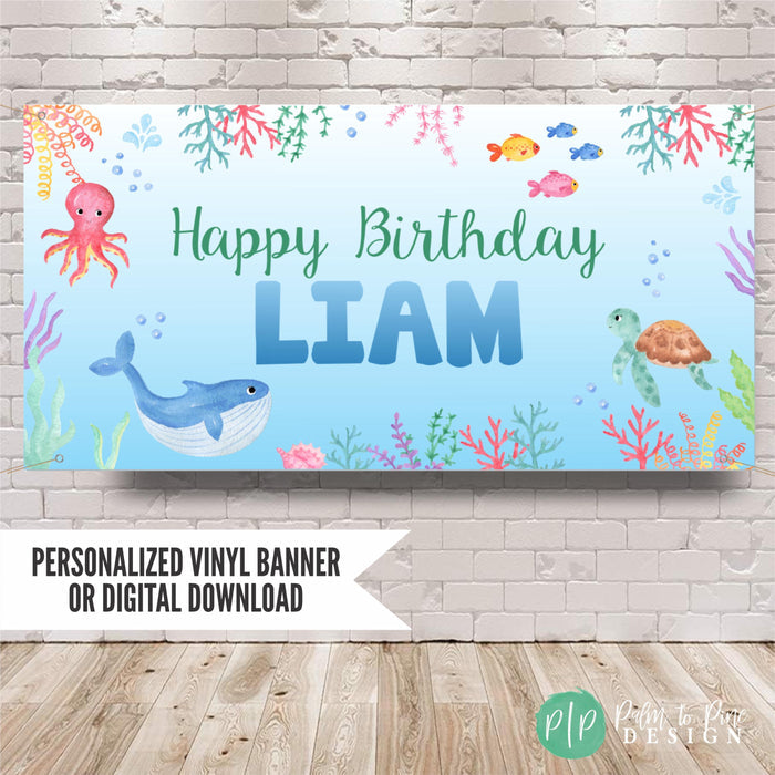 Under the Sea Birthday Banner with watercolor ocean animals for kids birthday party