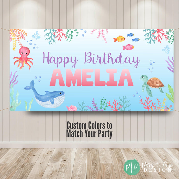 Girls under the sea birthday banner with ocean life animals