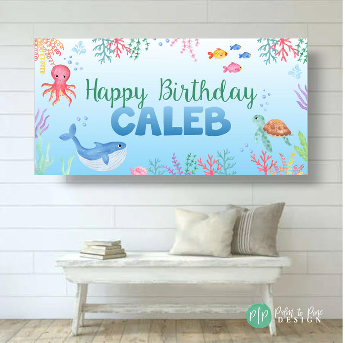 Watercolor under the sea birthday banner featuring adorable sea creatures and a customizable birthday message