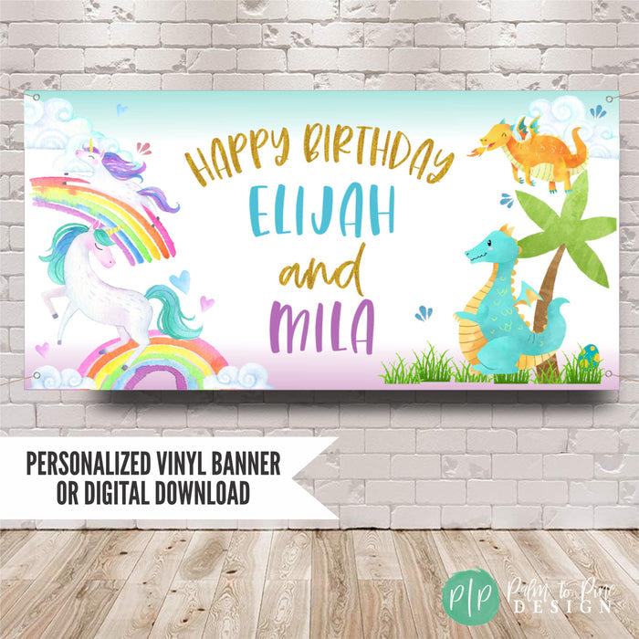 Unicorn Dragon Joint Sibling birthday party banner
