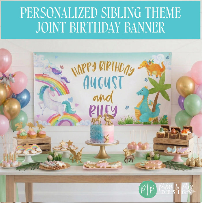 Boy Girl birthday party with half friendly dragon theme and half unicorn theme