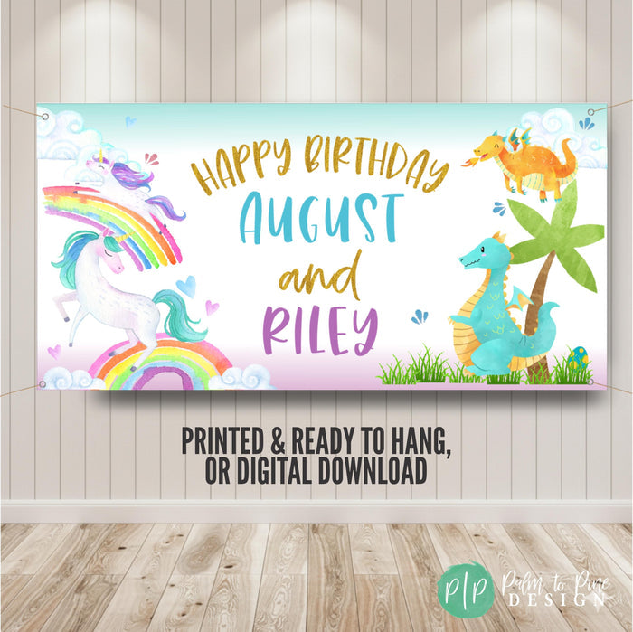 Personalized sibling birthday theme in unicorn rainbows and dragons
