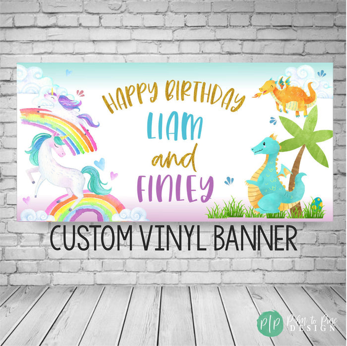 Boy girl birthday banner in unicorn dragon theme with watercolor design