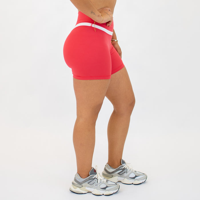 Watermelon + White V Define Short 5" - No Front Seam - High Rise by FLEO - 4