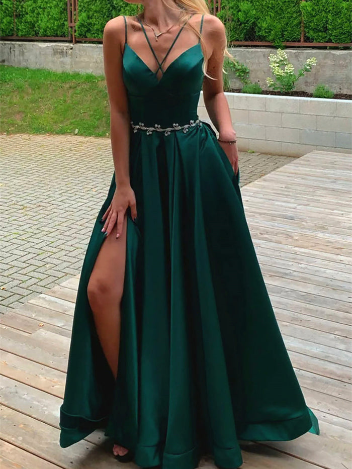V Neck Dark Green Long Prom Dresses, V Neck Dark Green Long Formal Evening Dresses
