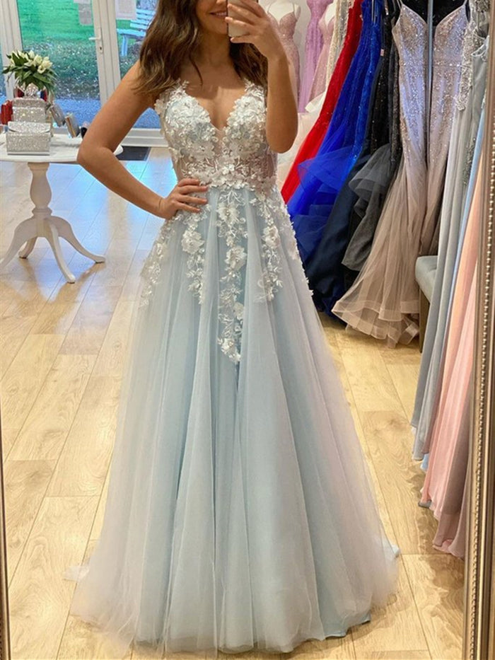 V Neck Lace Floral Blue Prom Dresses, Blue V Neck Lace Floral Long Formal Evening Dresses