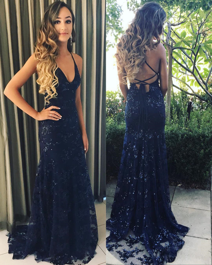 V Neck Navy Blue Rose Golden Mermaid Lace Prom Dresses, Backless Mermaid Lace Formal Evening Dresses