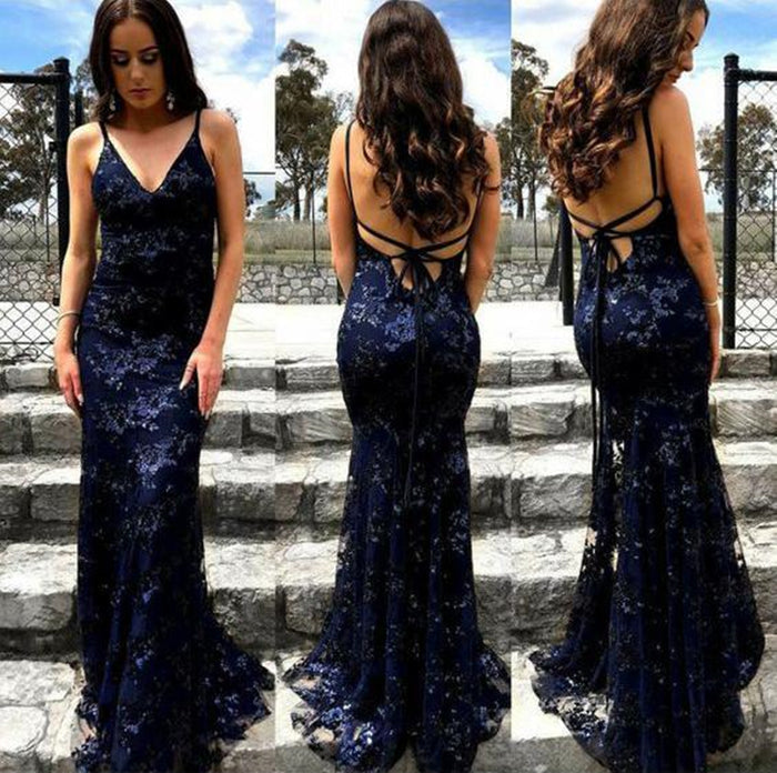V Neck Navy Blue Rose Golden Mermaid Lace Prom Dresses, Backless Mermaid Lace Formal Evening Dresses
