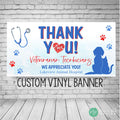 Veterinarian Appreciation Banner in red and blue with cat and dog paw prints and animal silhouette and medical equipment