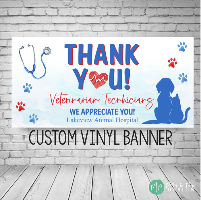 Veterinarian Appreciation Banner in red and blue with cat and dog paw prints and animal silhouette and medical equipment