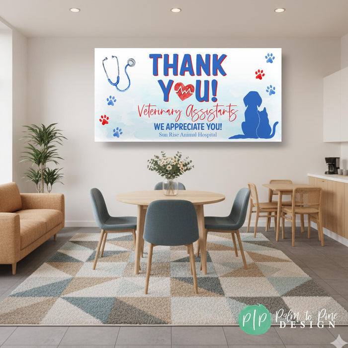 Animal Hospital Breakroom with custom appreciation wall hanging of a blue and red watercolor design with silhouette of dog and cat, stethoscope and paw prints