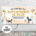 The image is a banner for a happy retirement celebration for Dr. Bilger, who has been working at Highland Animal Clinic for 25 years. The banner features illustrations of various animals, including a dog, cat, chicken, and sheep, along with gold balloons. The banner also includes a message that reads "We Will Miss You!" and a note that the banner is customizable.