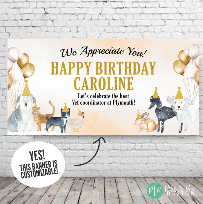 A personalized banner with a birthday message, featuring illustrations of dogs, cats, and other animals wearing party hats.