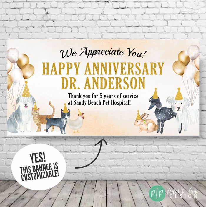 The image is a banner celebrating a happy anniversary for Dr. Anderson, who has been working at Sandy Beach Pet Hospital for 5 years. The banner features illustrations of various animals, including dogs, cats, and birds, along with gold balloons. The banner also includes a message expressing gratitude for Dr. Anderson's service at the hospital.