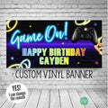 video game birthday banner with neon swirls and remote control game controller