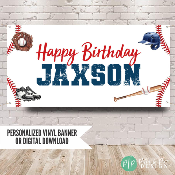 Vintage Baseball Birthday Banner with baseball laces, helmet, glove and baseball bat graphics. Personalized with kids name