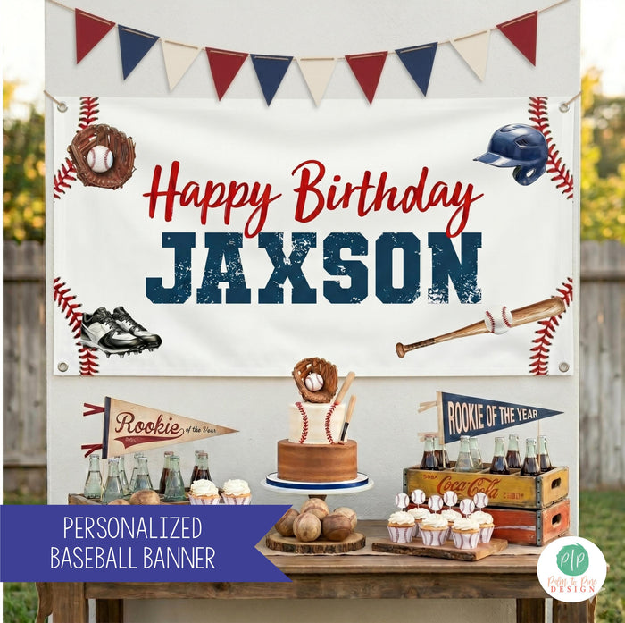 Personalized baseball birthday banner for boys featuring vintage sports design, distressed lettering, baseball equipment graphics, and custom name and age. Printed vinyl party decoration for baseball-themed birthday celebrations, hung behind a styled dessert table in a backyard party setting