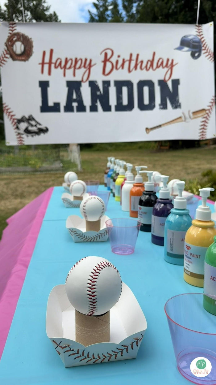 Baseball drip acrylic pour activity with personalized party sign