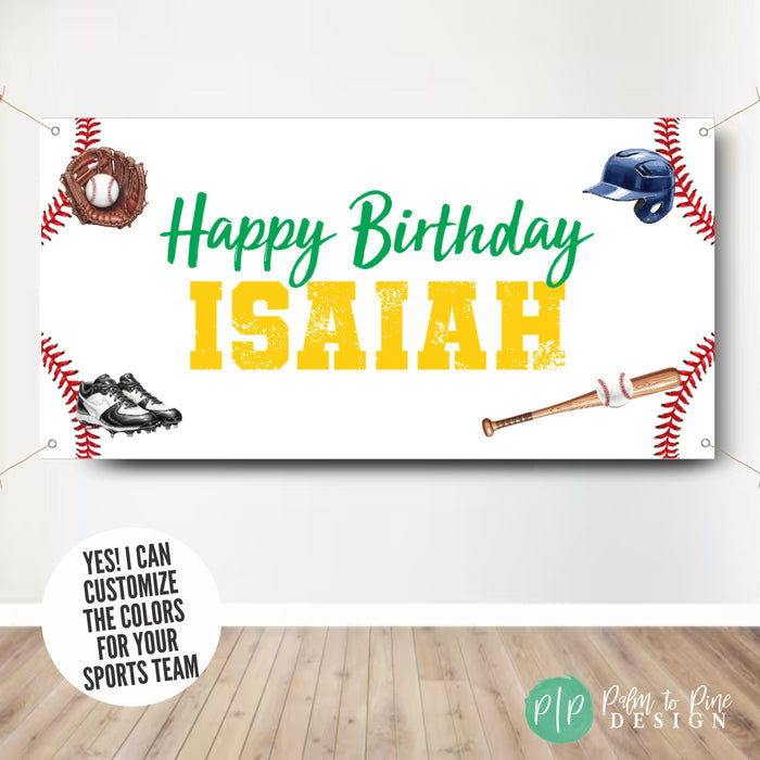 Vintage baseball birthday party banner personalized with the name. Features distressed varsity lettering, classic baseball stitching, glove, bat, helmet, and cleats in team colors.
