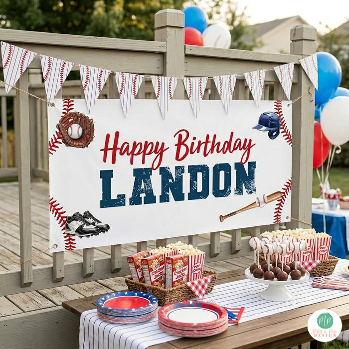 Boys vintage baseball banner at backyard party with red, white and blue theme