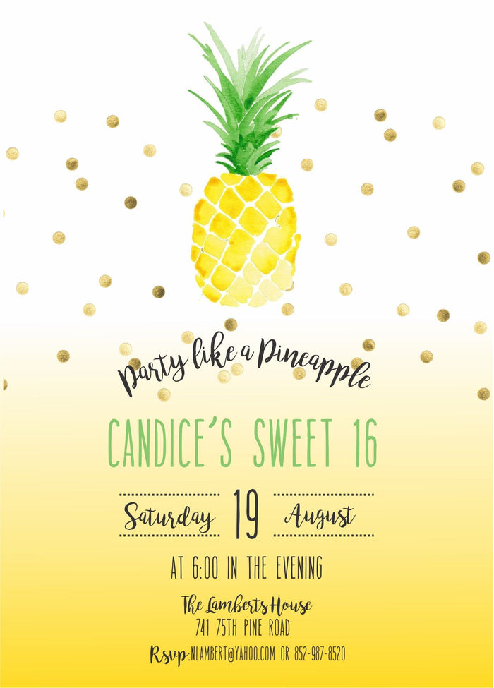 Watercolor Pineapple Birthday Invitation