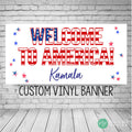 Welcome to America Banner wit patriotic red, white and blue theme with flag and stars
