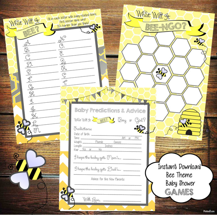 Yellow and grey 'What Will It BEE' baby shower games set with bee design