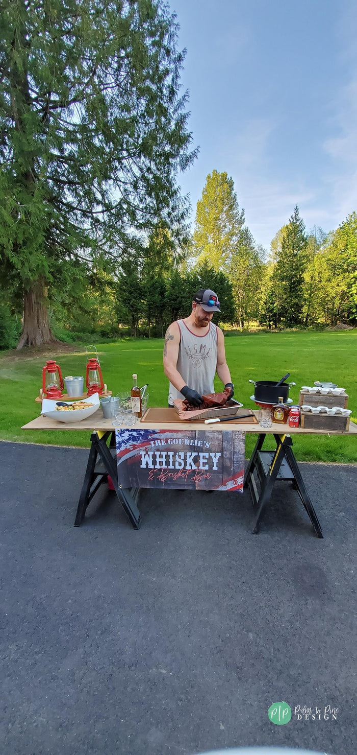 Barbeque Banner with whiskey barrel background and American Flag details for a BBQ birthday for men