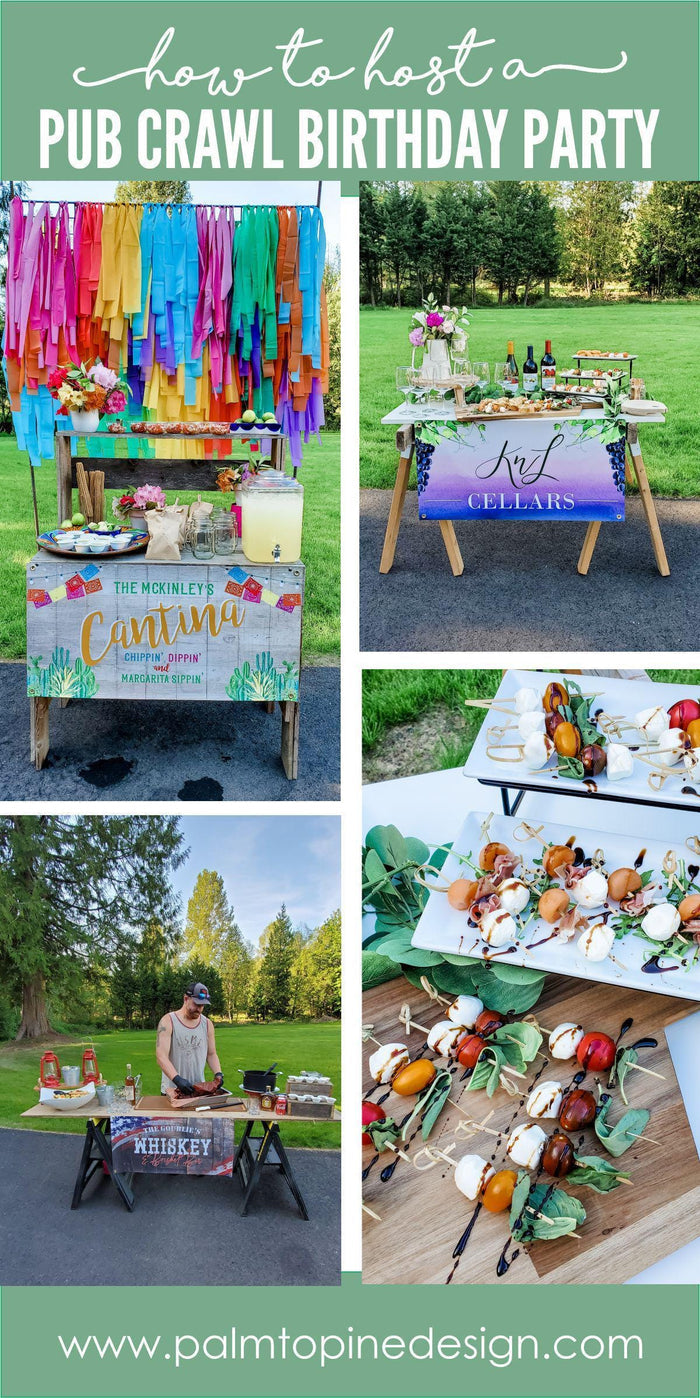 How to Host a Pub Crawl Birthday Party for adults with pictures of a fiesta mexican food stand, winery, American BBQ and charcuterie