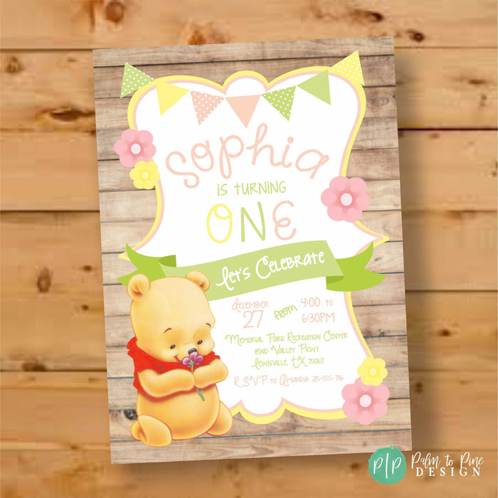 Classic Winnie the Pooh birthday invitation with rustic wood background, personalized with name and age