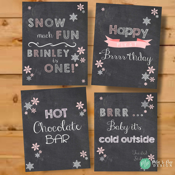 ONEderland winter first birthday chalkboard sign set, personalized with name and age