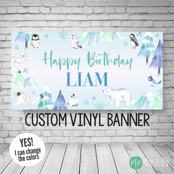 artic animals boys birthday banner in watercolor blues and greens