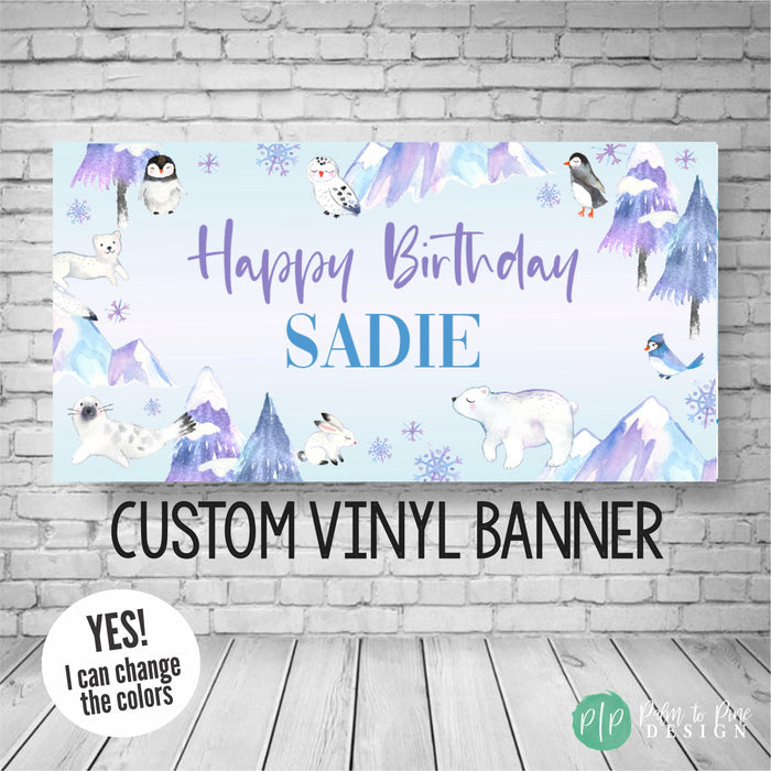 winter animals birthday banner for girls in purples and blues with watercolor polar animal clipart