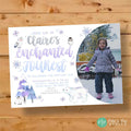 Winter wonderland birthday invitation with watercolor polar bear and snowflakes, personalized with name