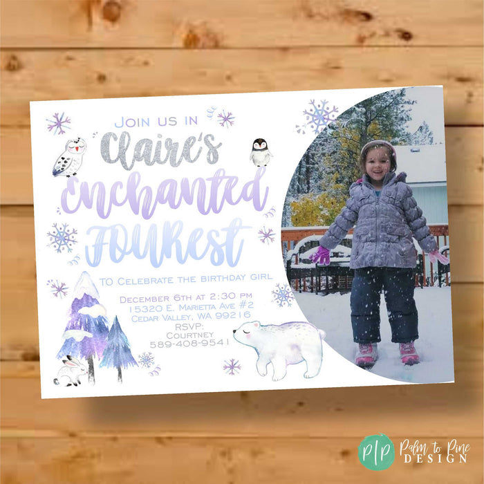 Winter wonderland birthday invitation with watercolor polar bear and snowflakes, personalized with name