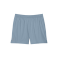 A pair of women's 5-inch core shorts in a solid blue color with an elastic waistband, side slits, and three pockets including a concealed zippered back pocket and two front pockets.
