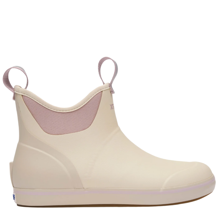 Beige rain boot with pink interior on a white background
