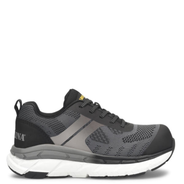 A pair of women's athletic shoes with a black knit textile and synthetic leather upper, featuring a composite safety toe cap, mesh lining, high rebound EVA midsole, and an align removable footbed.