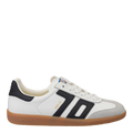 A pair of women's sneakers with a white leather upper, black color blocks, and the number 70 on the side.