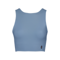 A blue gray women's crop top designed for running and gym wear, with a round neckline, sleeveless design, and a logo on the chest area.