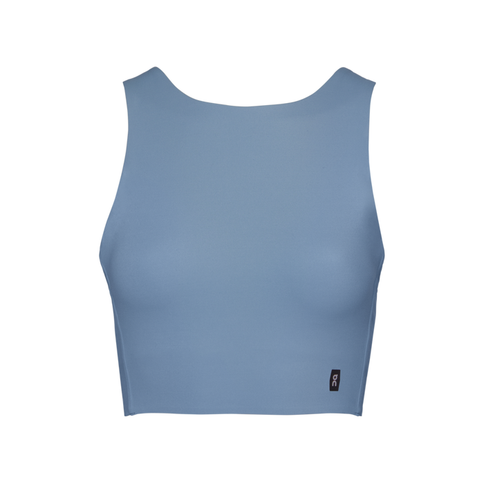 A blue gray women's crop top designed for running and gym wear, with a round neckline, sleeveless design, and a logo on the chest area.