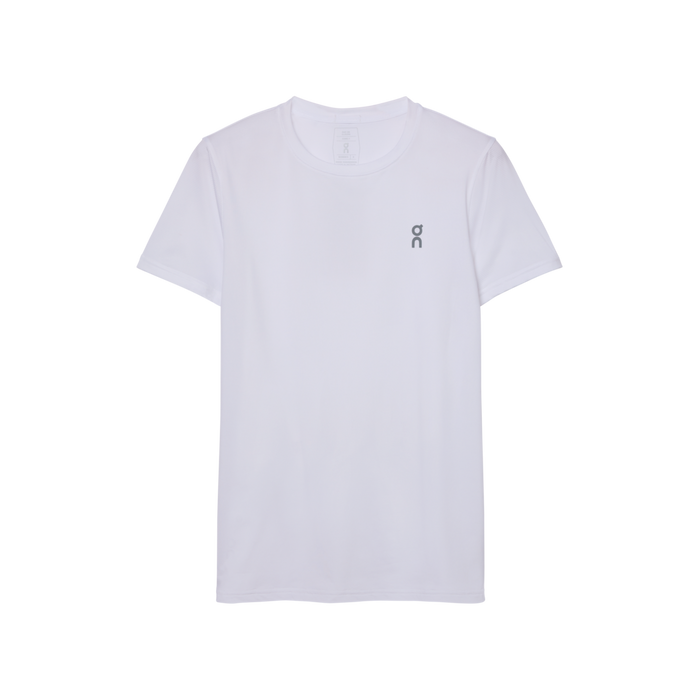 A white crew neck t-shirt with a small brand logo on the chest.