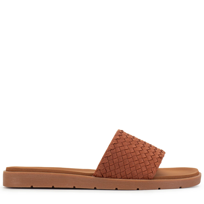 Brown woven slide sandal on a white background