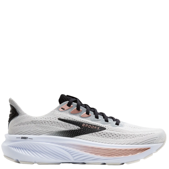 White running shoe with black and rose gold accents on a white background