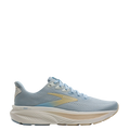 Light blue running shoe with white sole on a white background