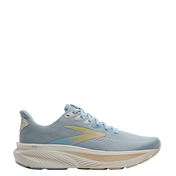 Light blue running shoe with white sole on a white background
