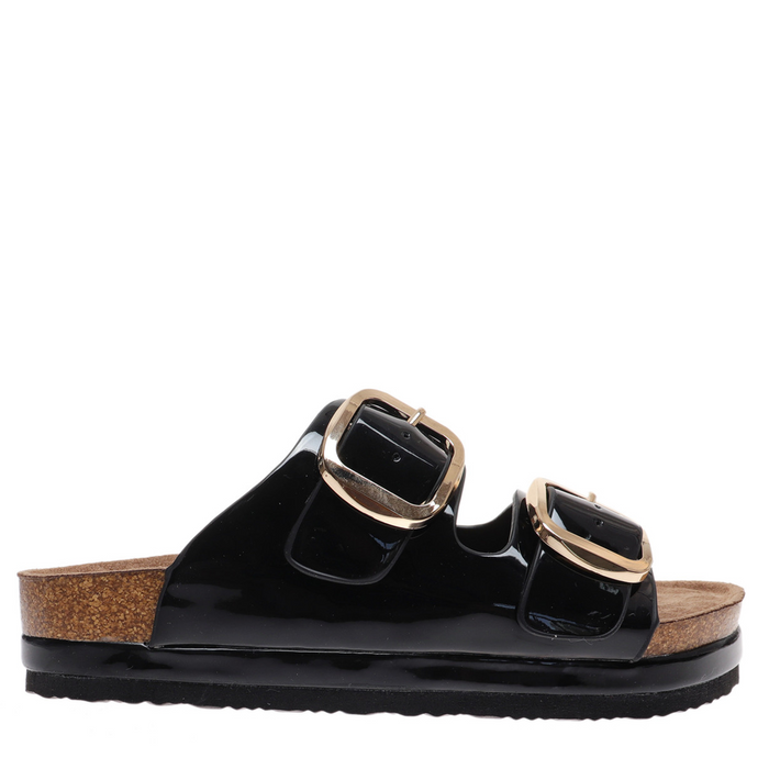 Black sandal with gold buckles on a white background
