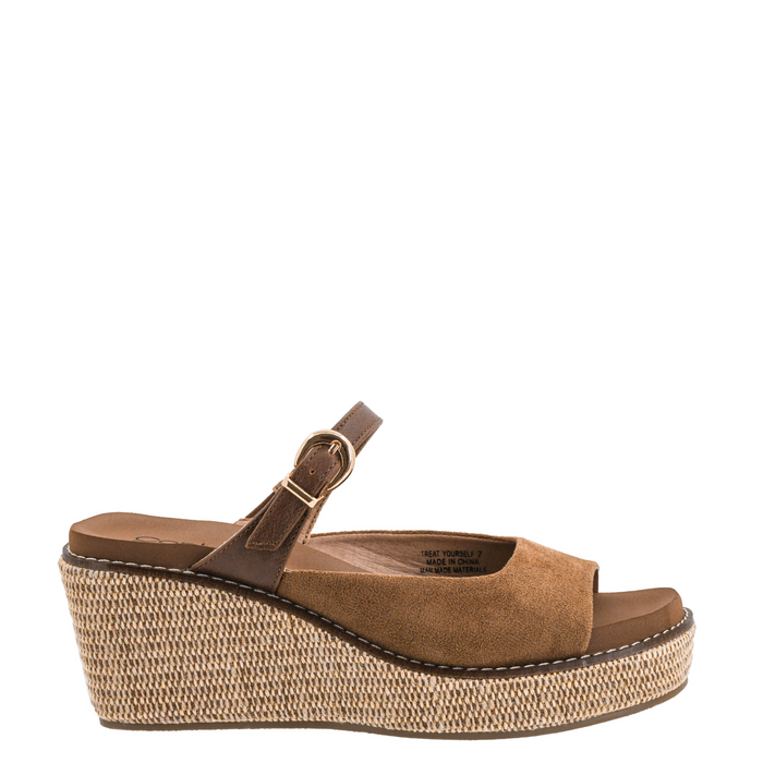 A single brown wedge sandal with a suede upper, ankle strap with a gold-tone buckle, and a thick braided jute platform wedge, shown from a side profile on a white background.