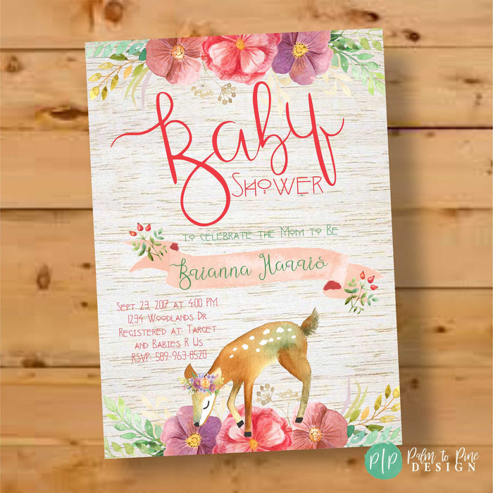 Rustic woodland deer invitation for an enchanted forest baby shower or birthday, personalized with name